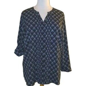 CATHERINES Women 1X Career Office Button Tunic Long Sleev Black White Artsy Top